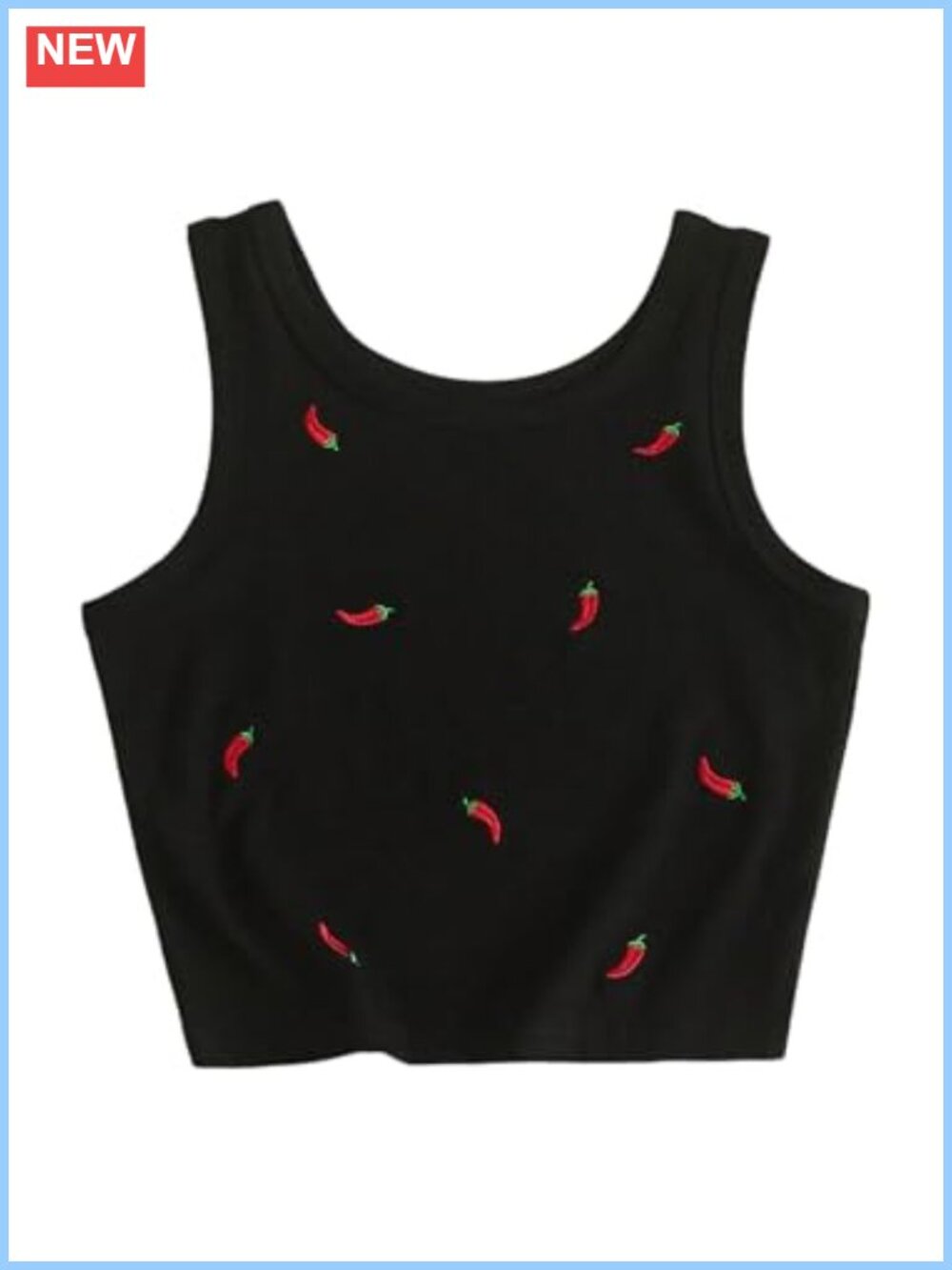 Embroidered Ribbed Crop Tank Top Summer Slim Fit Sleeveless Round Neck